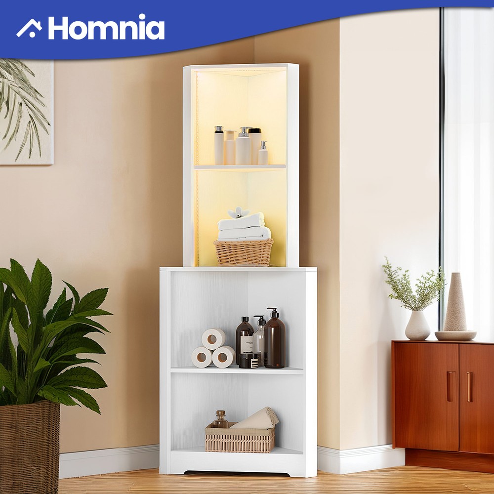 4 Tier Corner Bookshelf Bookcase LED Lights Cabinet Storage Organizer Office