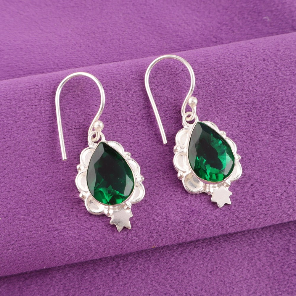 Rare Green Emerald Boho Dangle Earrings in 925 Sterling Silver Handmade Jewelry