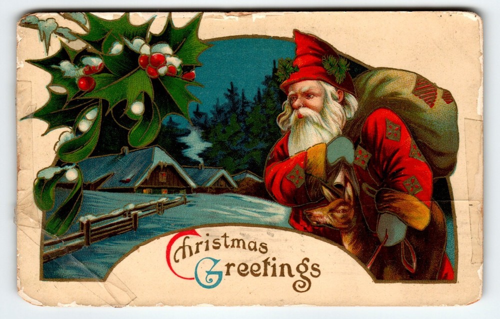 Santa Claus Christmas Postcard Old World Red Gold Robe Reindeer 1914 Saxony Gel