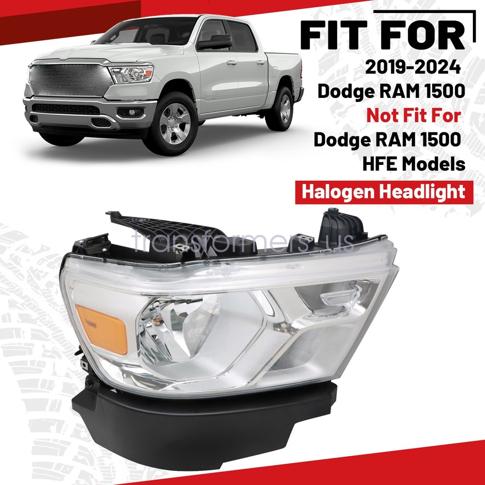 For 2019-2024 Dodge RAM 1500 Headlamp Right 68316080AJ Chrome Halogen Headlights