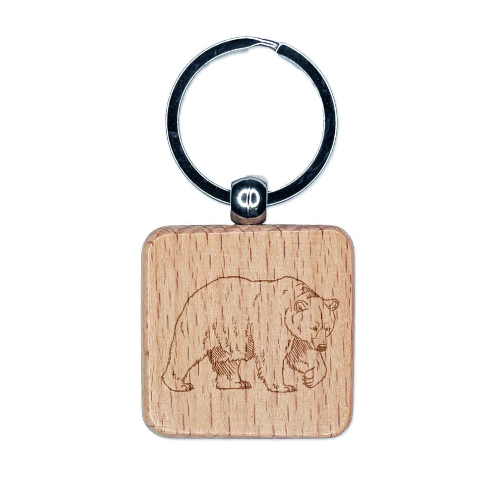 Curious Grizzly Bear Engraved Wood Square Keychain Tag Charm