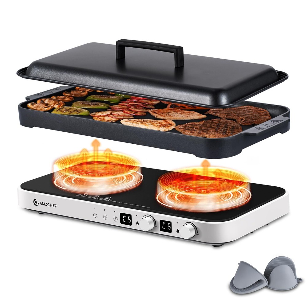 Double Induction Cooktop with Removable Iron Cast Griddle Pan Non-stick, 1800...
