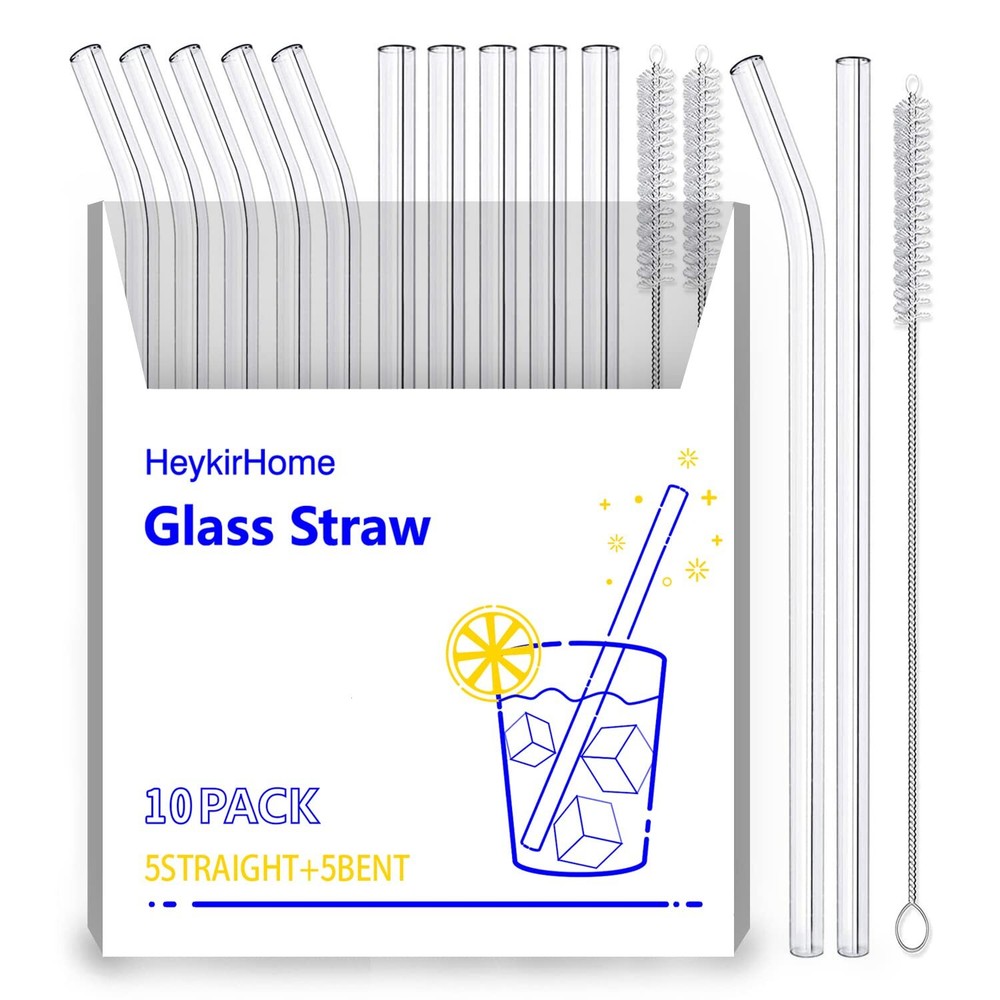 10-Pack Reusable Glass Straws with 5 Straight & 5 Bent - 8.5''x10mm - Eco-Friendly