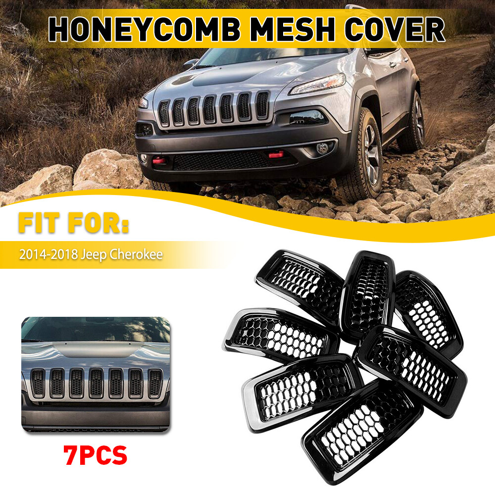 7X Honeycomb Mesh Grille Grill Inserts Chrome Black For Jeep Cherokee 14-2018 M