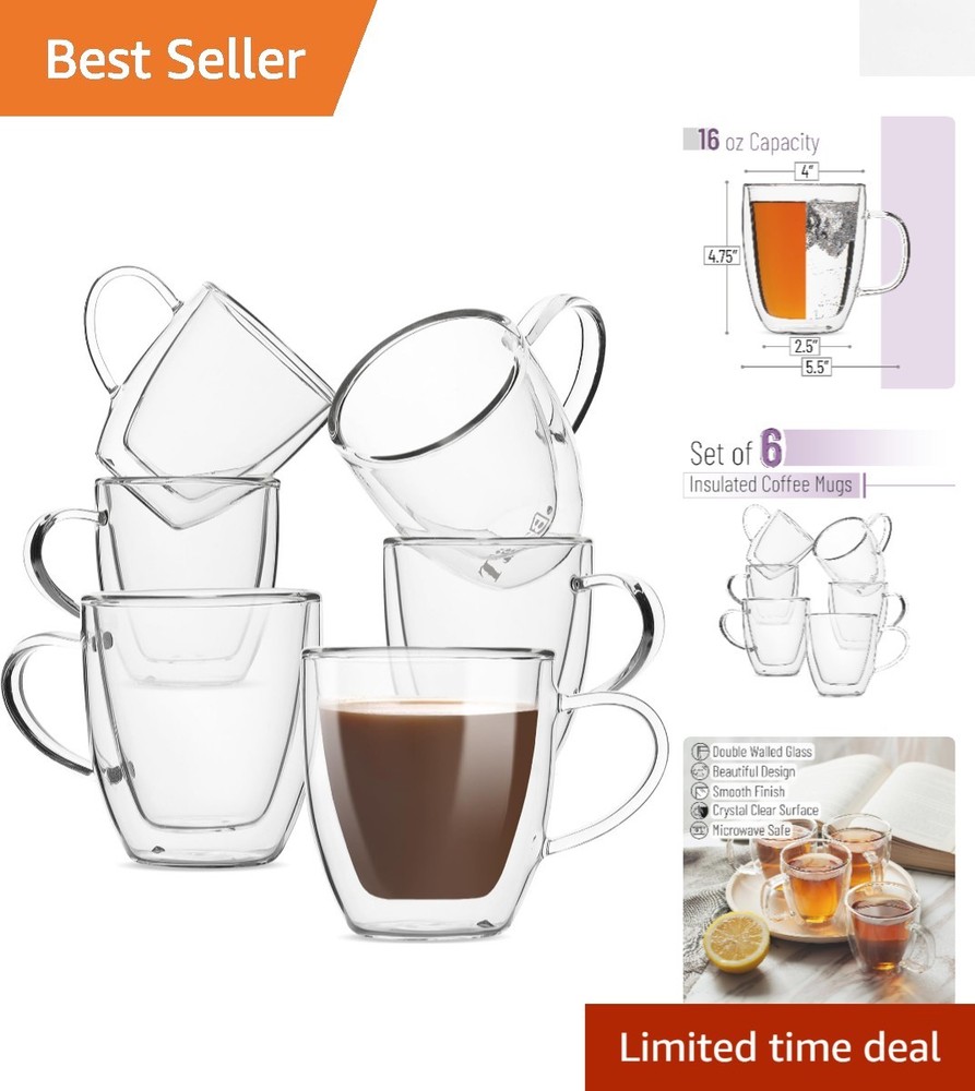16 oz Stylish Clear Double Wall Insulated Coffee Mugs Set of 6 by BTaT