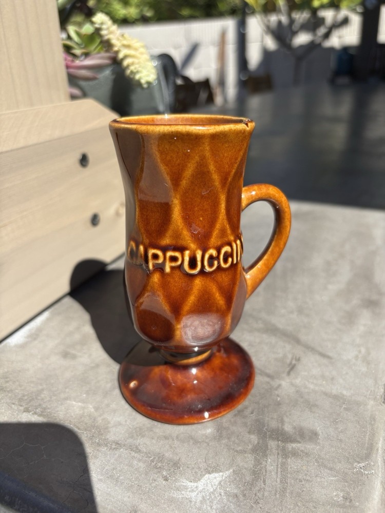Vintage Brown Glazed Cappuccino Mug, Pedestal, Diamond Pattern, Handle, MCM