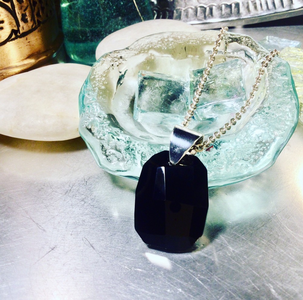 Genuine 925 Sterling Silver Black Crystal Gemstone Pendant