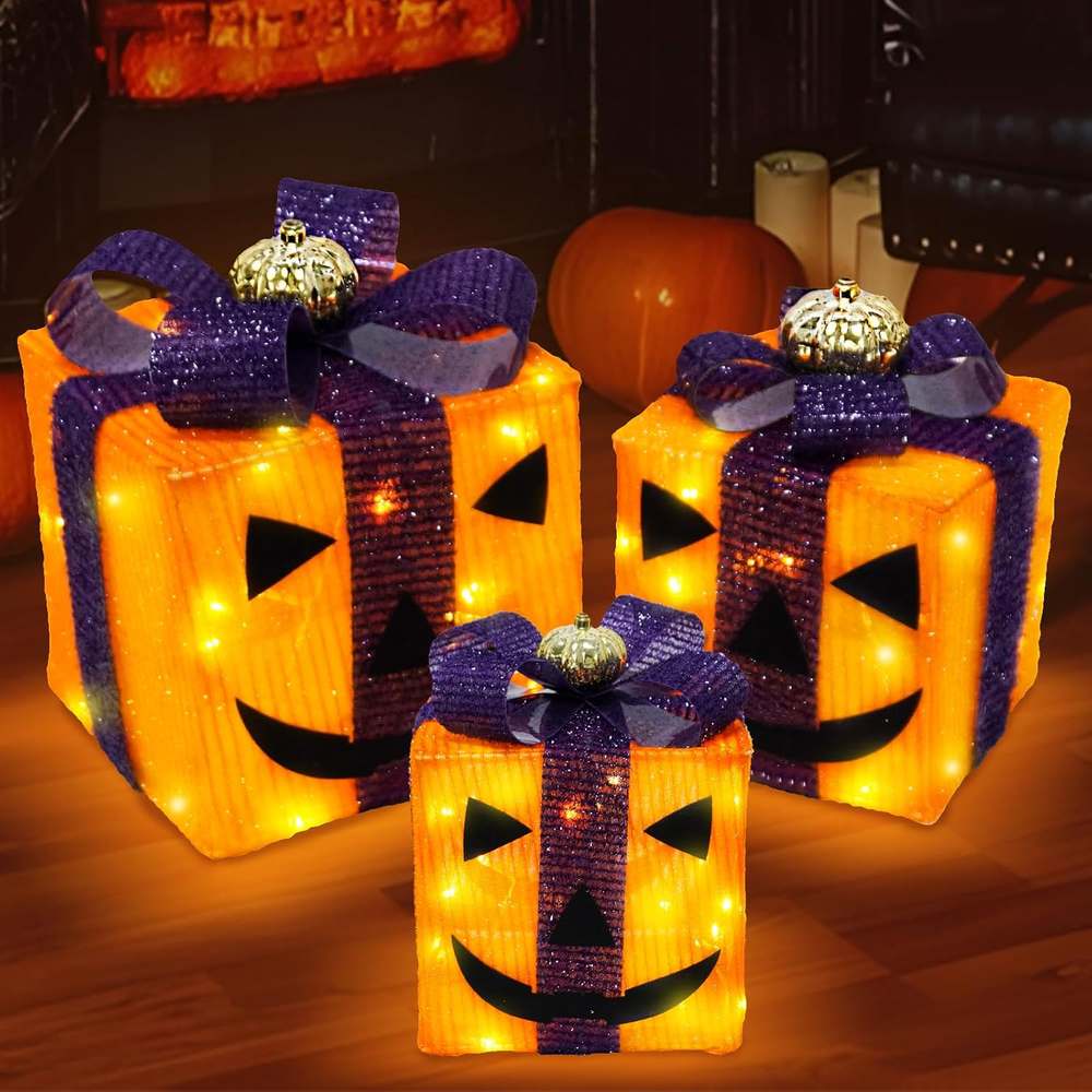 3 Pack Halloween Lighted Gift Boxes - Orange & Purple LED Outdoor Decor