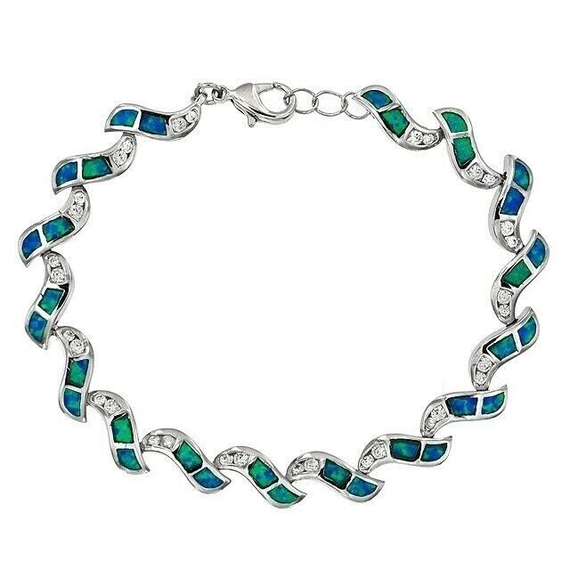 Australian Opal Inlay & Topaz 925 Sterling Silver Tennis Bracelet Jewelry OX4