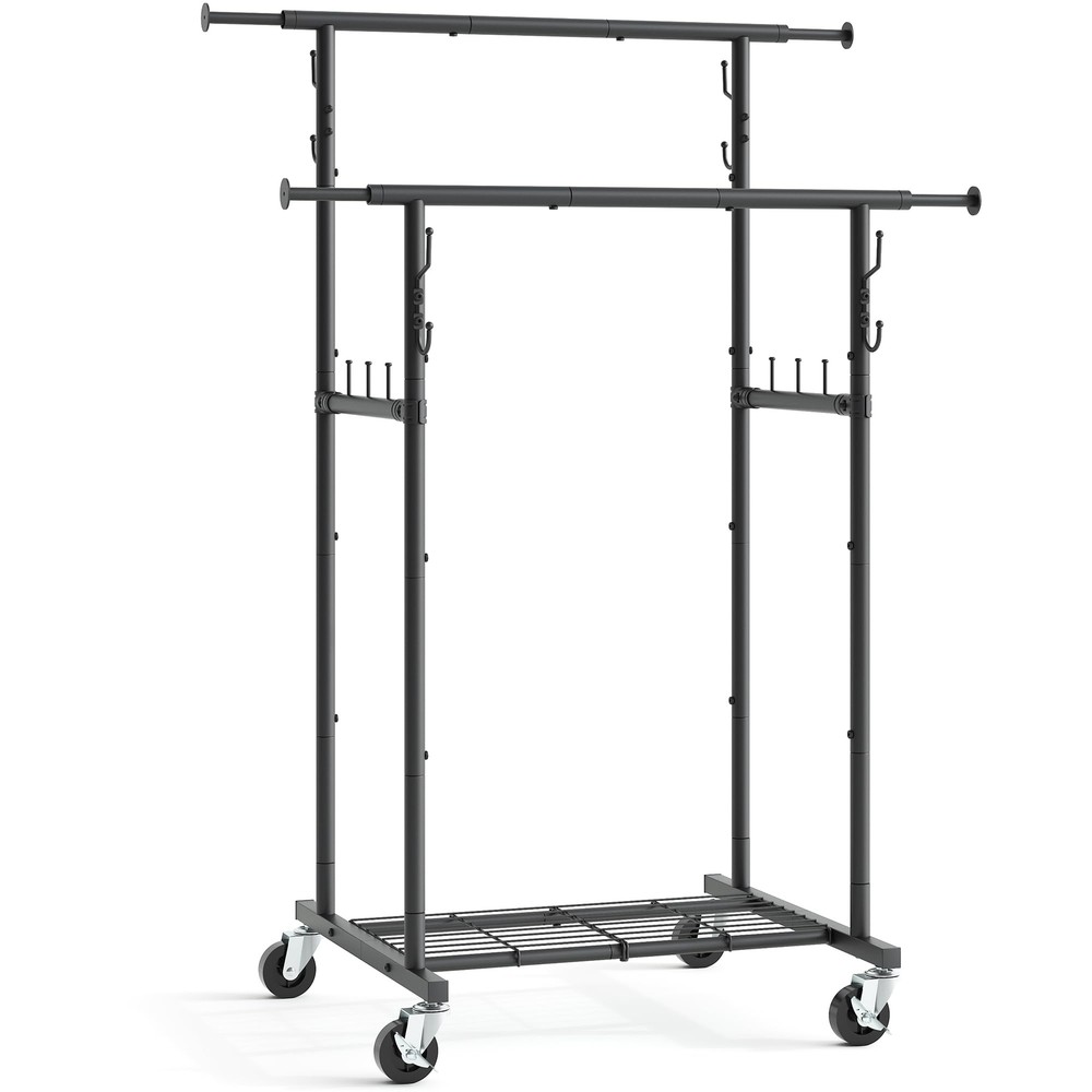 Gewudraw Double Rod Heavy Duty Clothes Rack Metal Rolling Garment Rack with W...