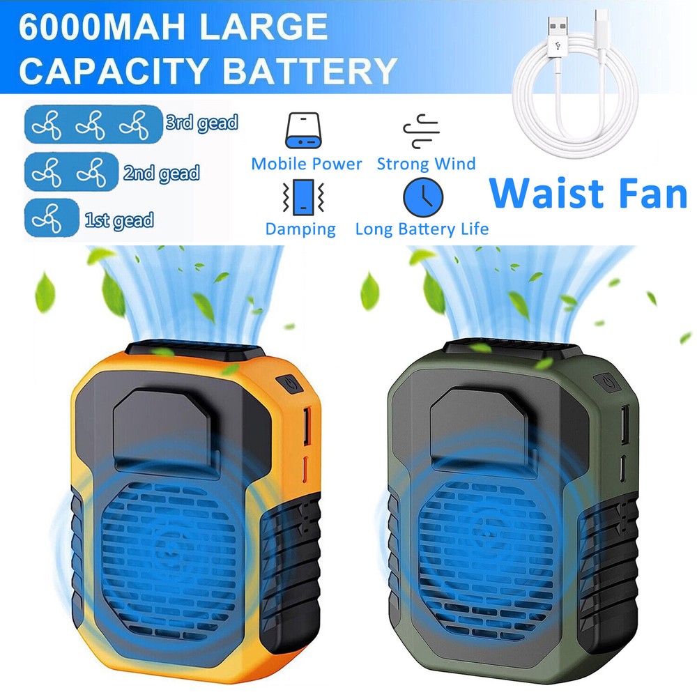 Portable Waist Clip Fan Hanging Cooling Neck Fan USB Rechargeable Power Bank Fan