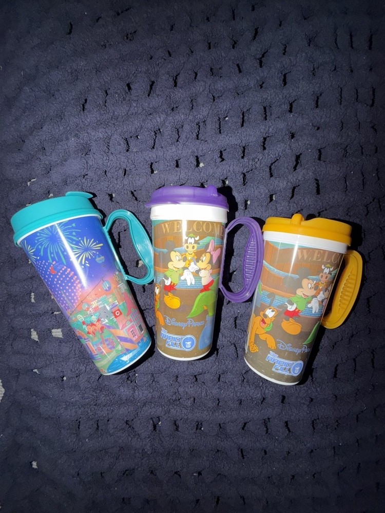 Lot Of 3 Vintage Disney Parks Collectible Plastic Cups With Lids