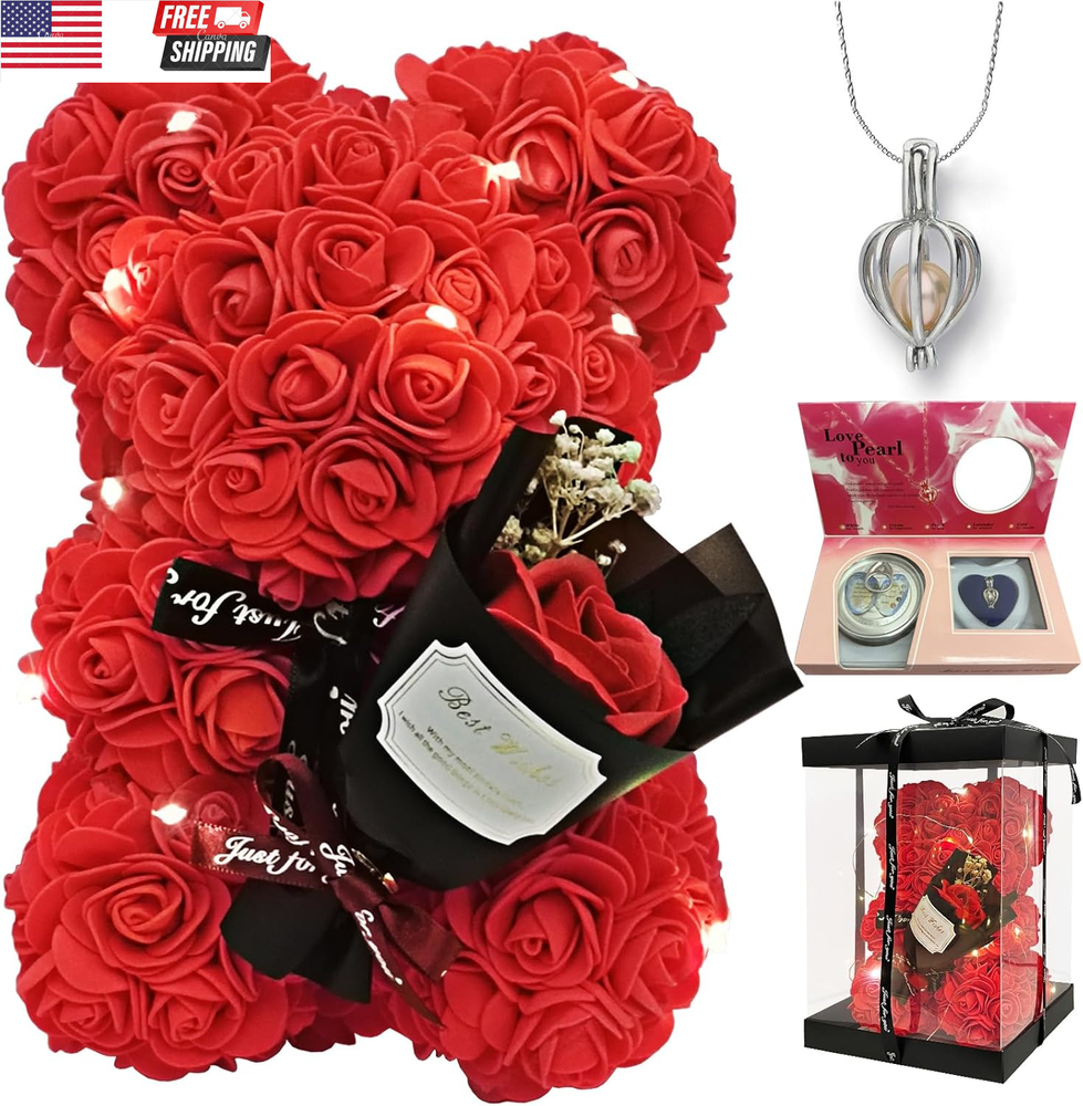 Mothers Day Gift for Mom Grandma Rose Teddy Bear Pearl Necklace Surprise Box-image