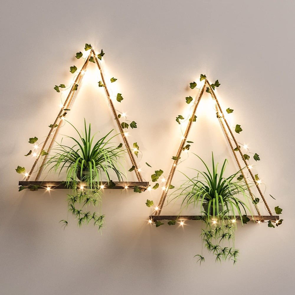 Artificial LED-Strip Wall Hanging Shelves Macrame Wood Plant Shelves Décor