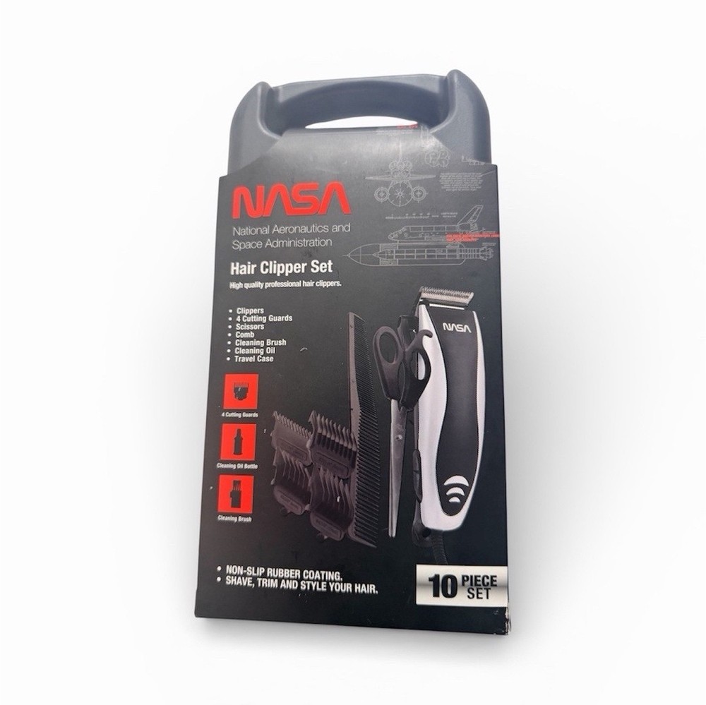 NASA Hair Clipper Set 10 Piece Black White Non-Slip Storage Case Hair Guards