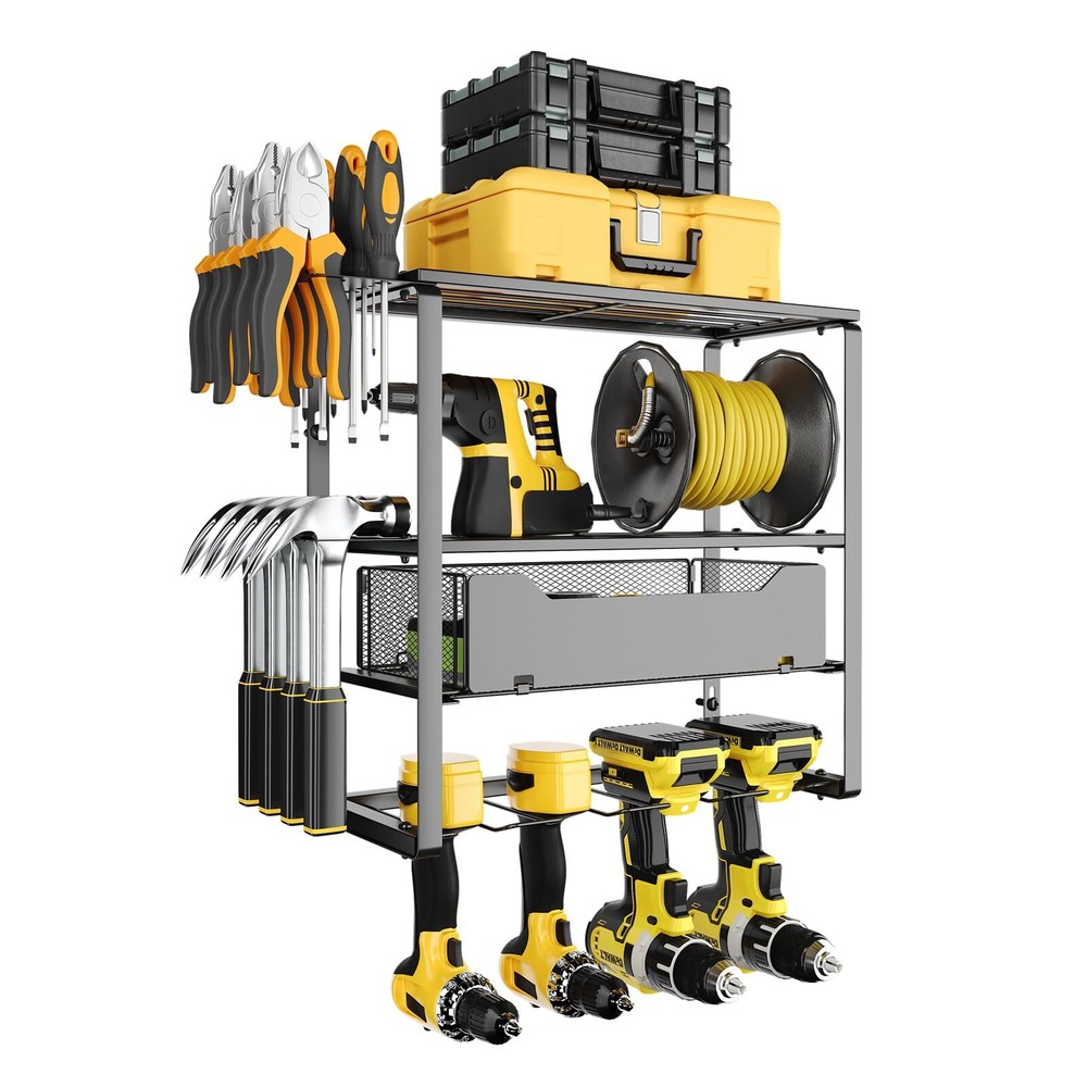Power Tool Organizer Wall Mount Garage Shelving with 1 Drawers, 4 Layer Power...