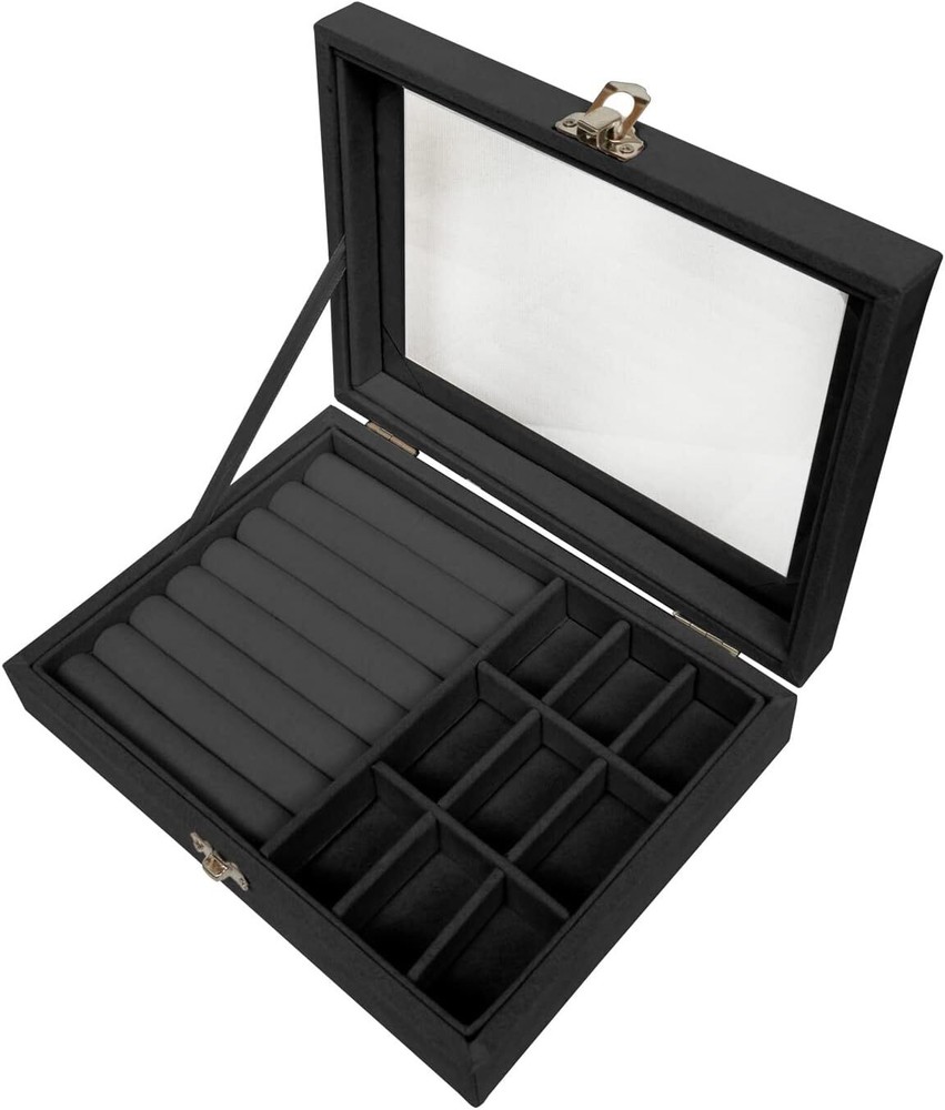 Clear Lid Velvet Jewelry Organizer Box with 9 Grids and 8 Slots 9 Grid, Black