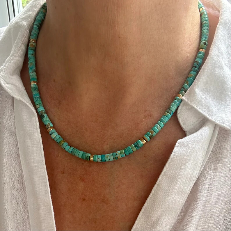 Blue Green 6mm Arizona Turquoise Heishi Beaded Gold or Silver Gemstone Necklace