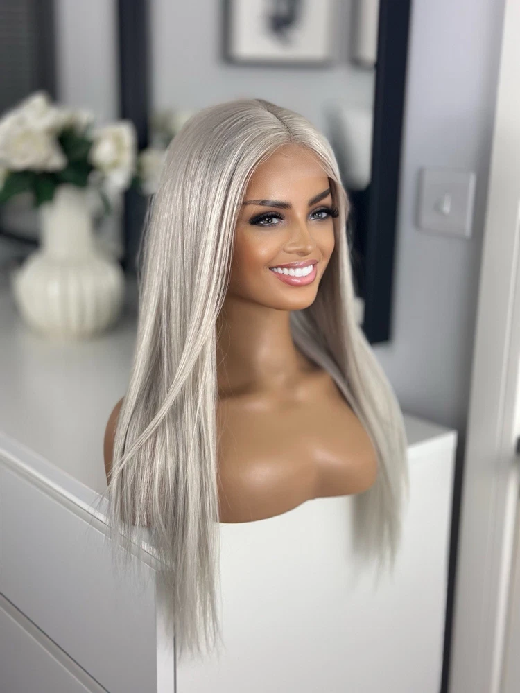 Ice Silver Fox Platinum Ash White 13x4 Lace front 24” 100% Human Long Hair Wig