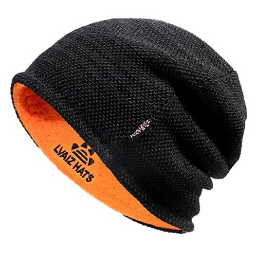 Lvaiz Mens Winter Fleece Lined Skull Cap Beanie Black Orange Warm One Size