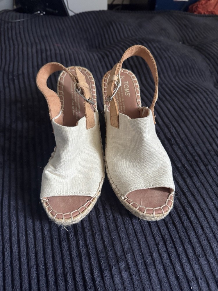 Toms Monica Espadrille Sandals, Size 8.5, Beige Canvas Wedge Slingback Women