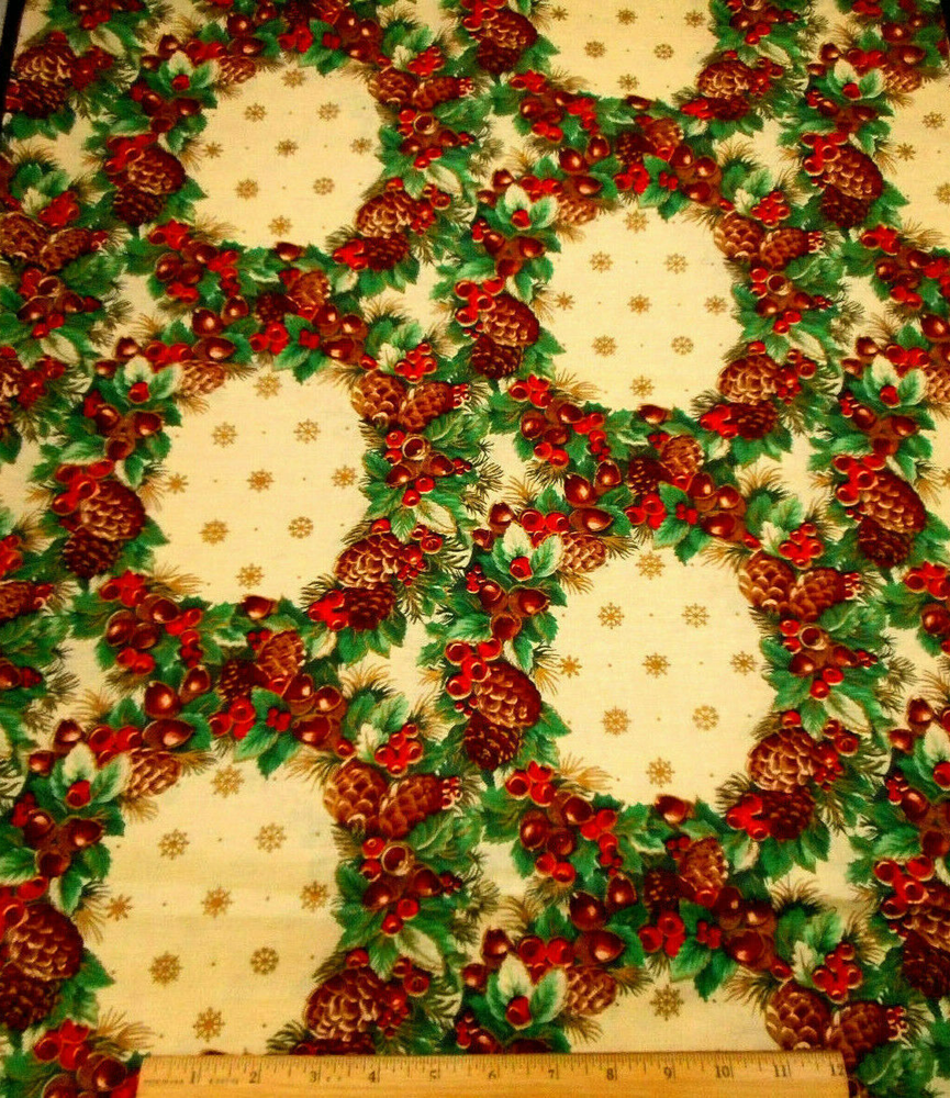 Christmas Fabric By Yard Wreaths Snowflakes Metallic Gold Cream Cotton #28 Vtg C