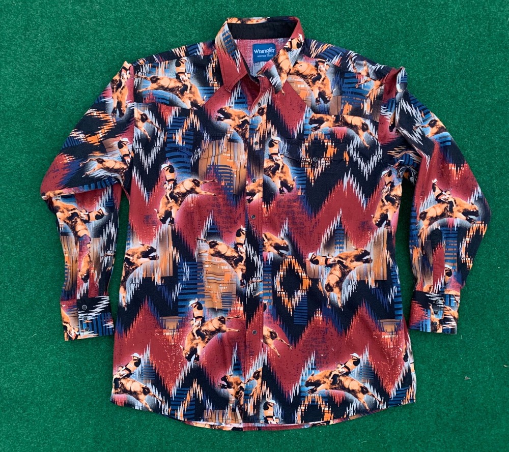 Vintage Wrangler Western Rodeo Graphic Dress Shirt Size XL for Men