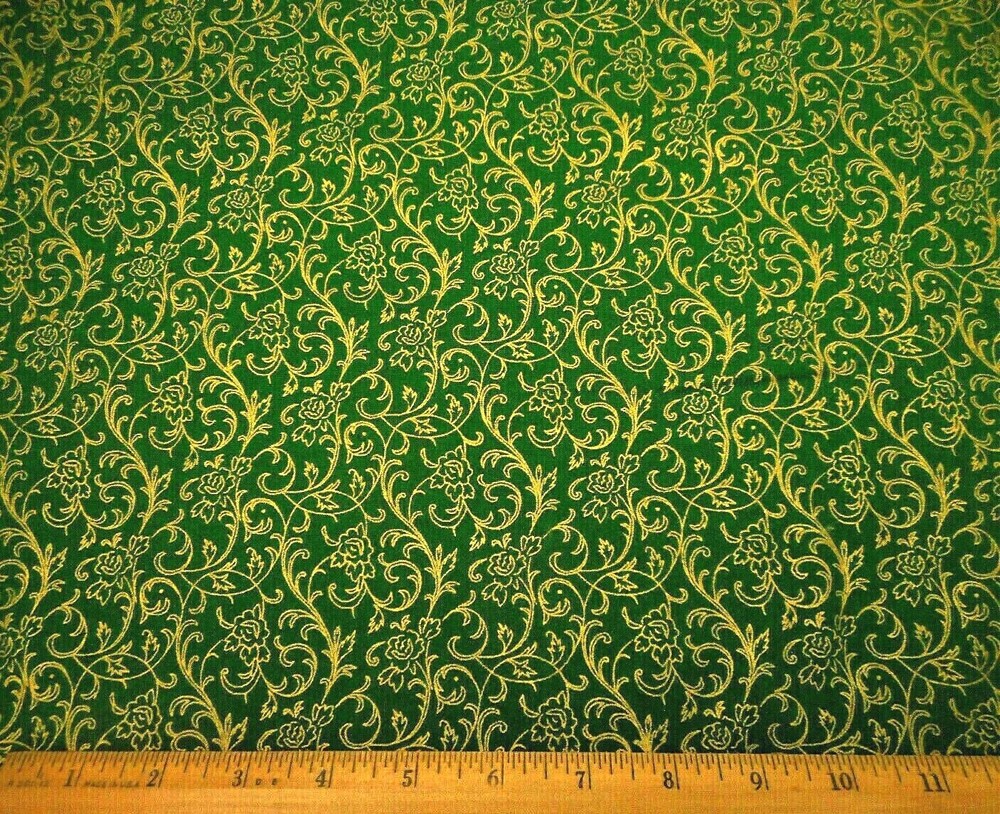 Christmas Quilt Fabric By Yard Metallic Gold Floral on Xmas Green Cotton BH 10