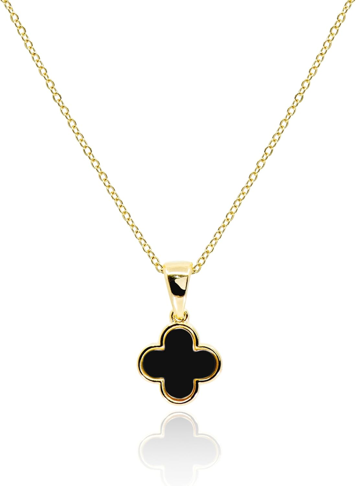 Dainty Four Leaf Clover Necklace with Mother of Pearl and Black Onyx for Women