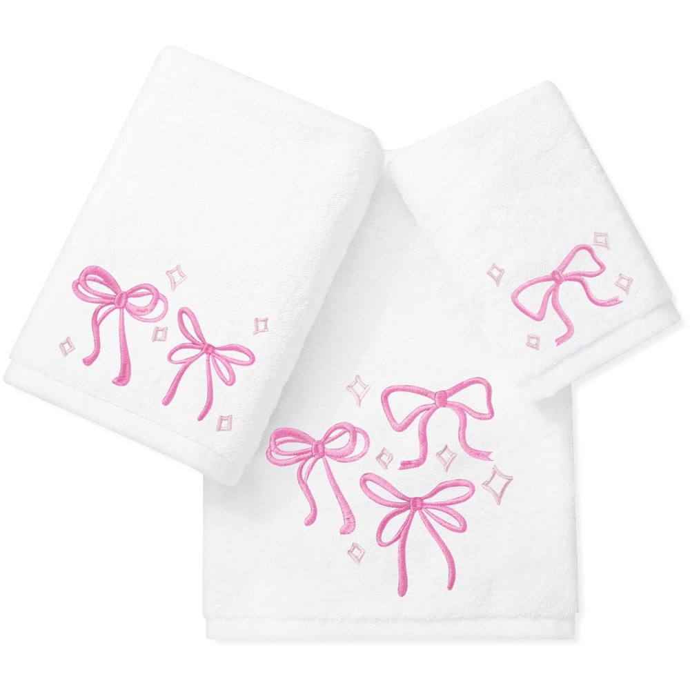 Pink Bow Towel Set of 3 Cotton Embroidered Bow Knot Bath Towel Hand Towel Was.