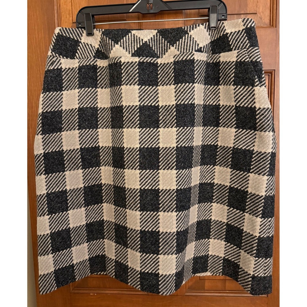 Talbots Plaid Italian Wool-Blend Skirt Women Size 18W Black/Cream Lined Side-Zip