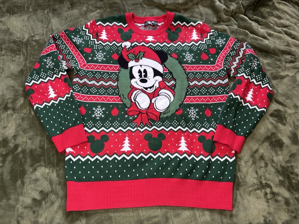 Disney Mickey Mouse Christmas Sweater Mens XL Red Green Ugly Doubled Sided
