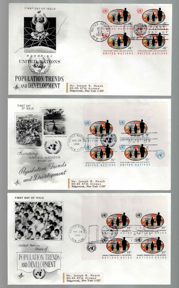 UN Scott #NY 151-53, First Day Covers 11/23/65 Blocks Population Trends
