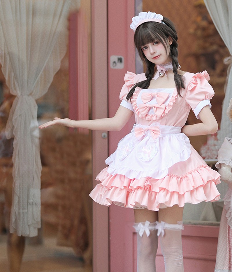Anime Japanese Lolita Mori Girls Apron Maid Uniform Dress Cosplay Costume Sets