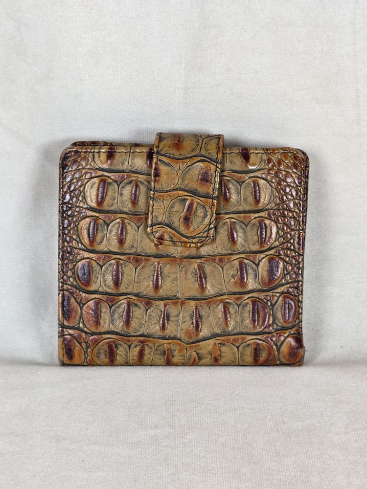 Brahmin Brown Crocodile Embossed Leather Bifold Wallet Coin Pocket ID Window