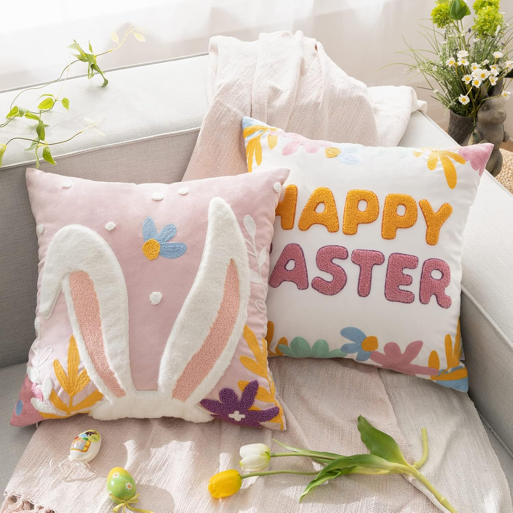 Ashler Easter Bunny Decorative Pillow Cover for Easter Rabbit Decor