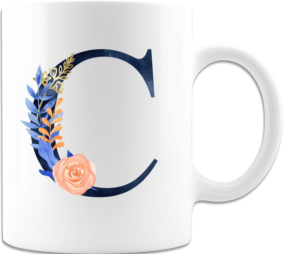 Personalized Blue Letter With Floral Design White Coffee Mug Custom Initial Mug