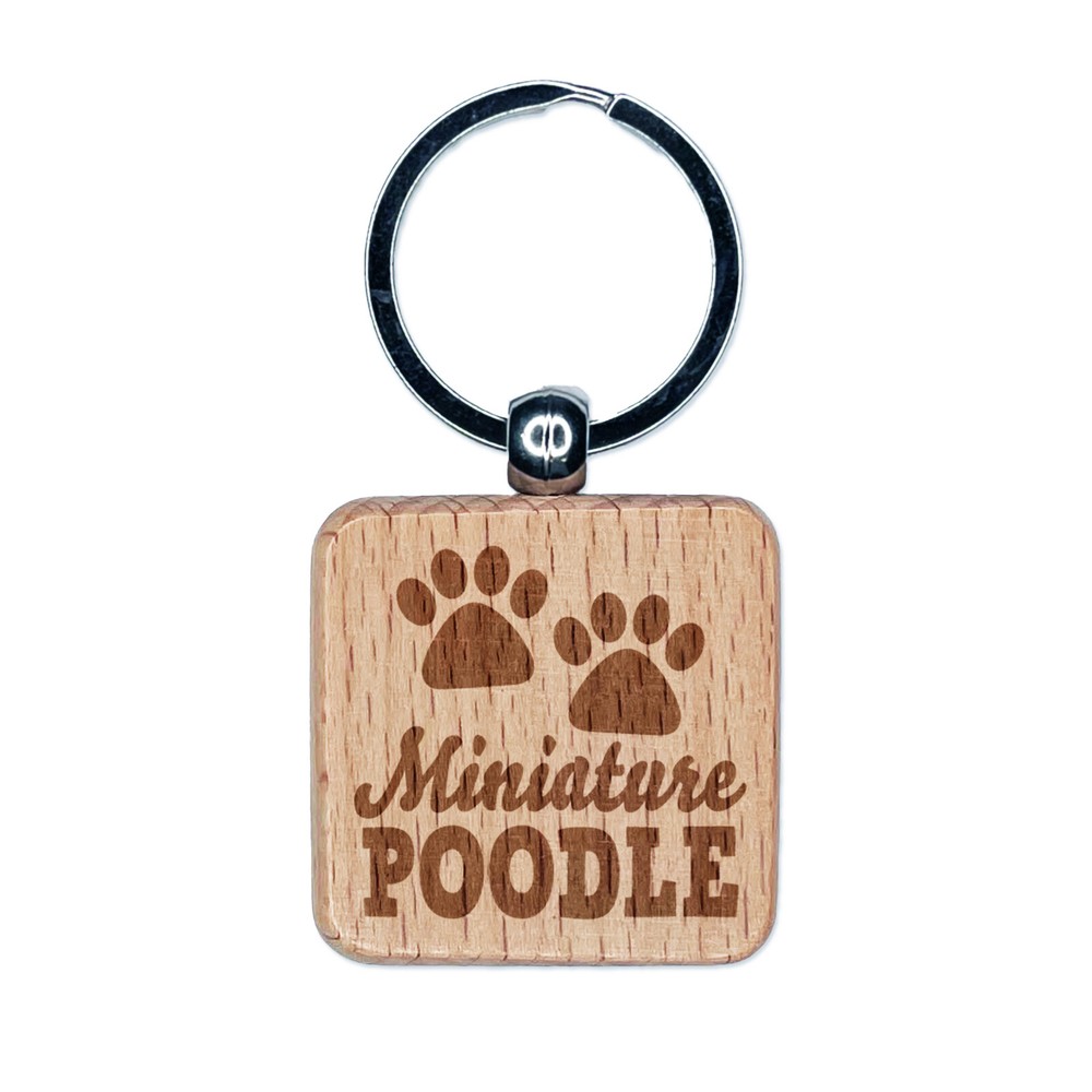 Miniature Poodle Dog Paw Prints Fun Text Engraved Wood Square Keychain Tag Charm