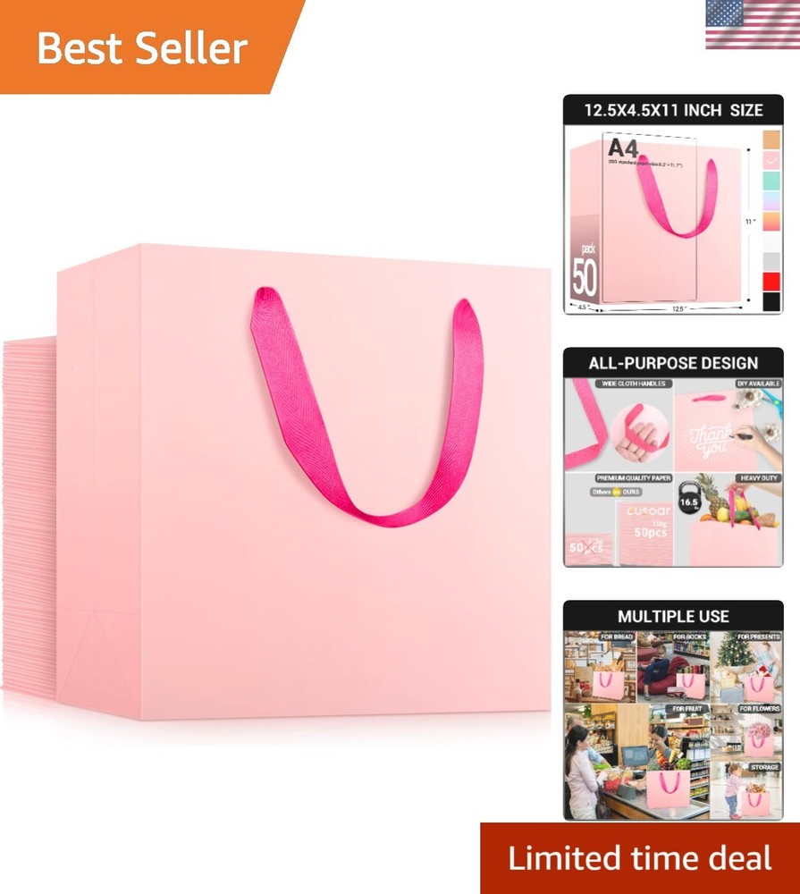 50 Large Pink Gift Bags with Handles - 12.5x4.5x11 Inches Bulk Pack for Shopping & Gifts