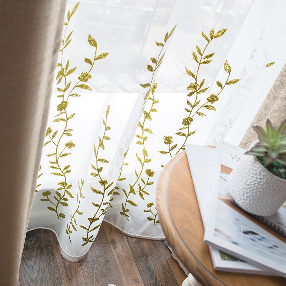 Flower Embroidery Sheer Curtain for Living Room Patio Sliding Door Wide Windo...