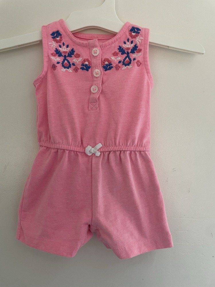 Carter's Baby Girls Embroidered Floral Cinched Waist Cotton Blend Romper Pink NB