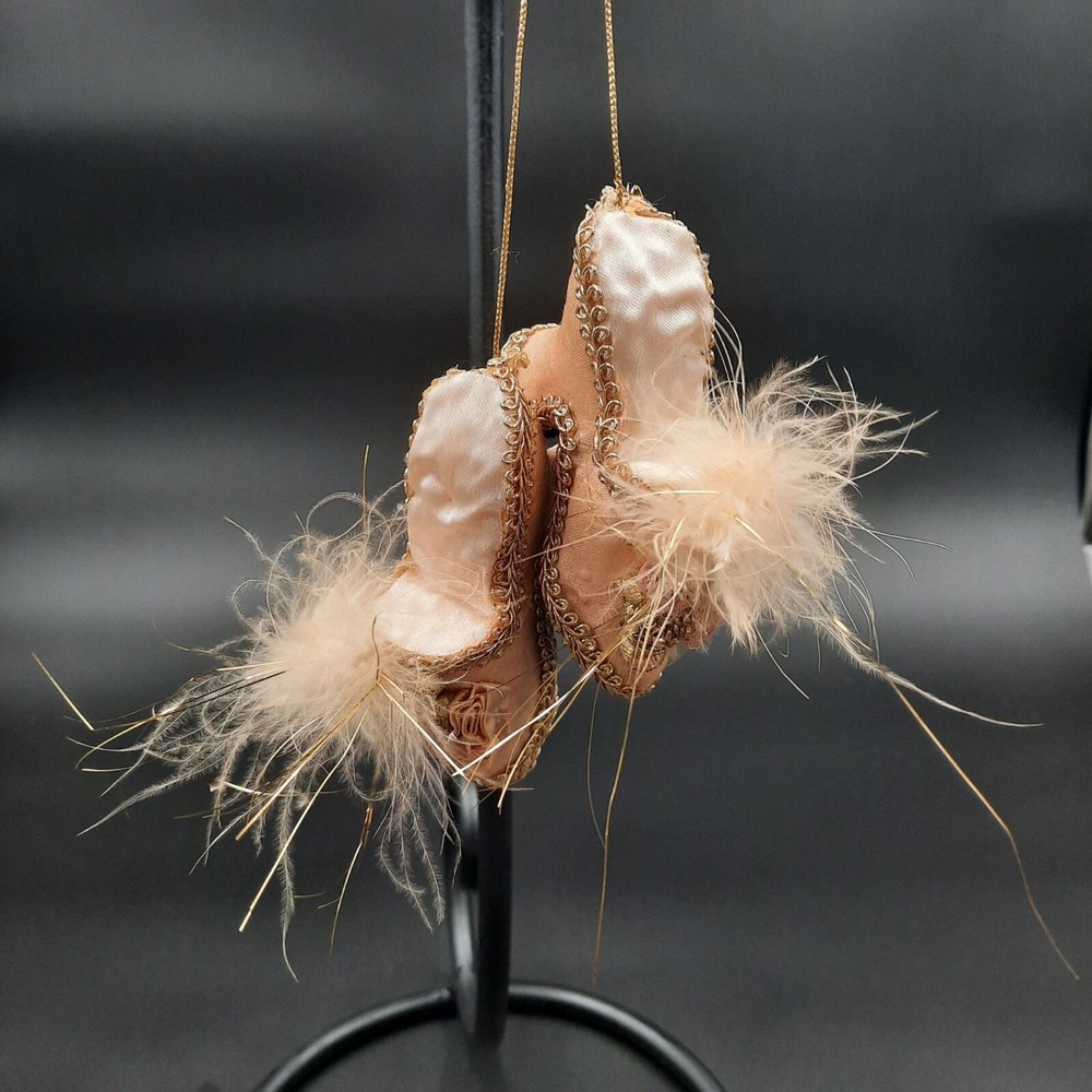 Vintage Victorian-Style High Heel Shoe Ornament Pair With Gold Trim & Feather