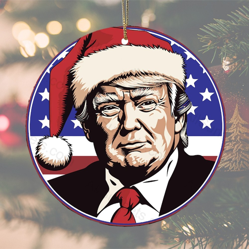 President Donald Trump Santa Hat Round American Flag Ornament Gift 3.5 inches