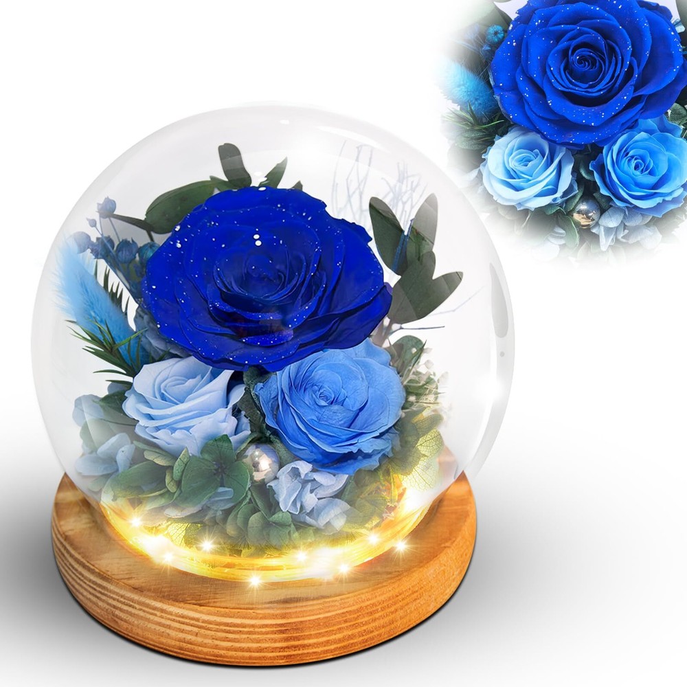 Valentine’s Day Gifts for Her, Preserved Blue Flowers in Glass Dome Long with...
