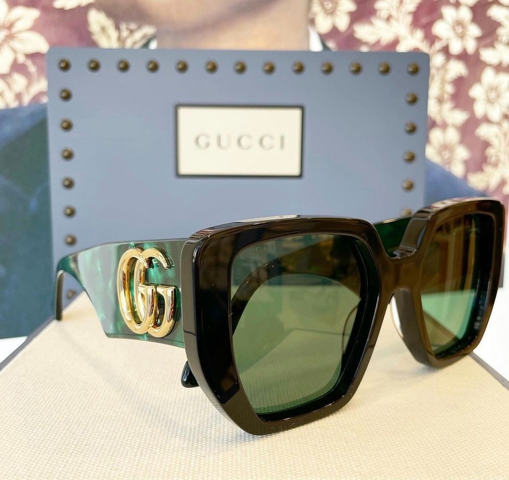 New Gucci GG0956S Oversized Geometric Women's Sunglasses Black/Green Lense