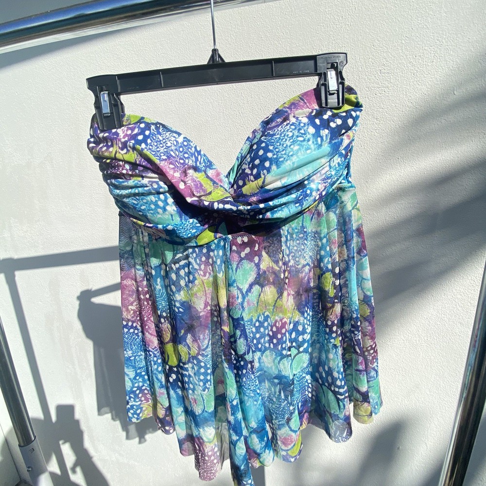 Profile by Gottex Blue Multicolor Abstract Strapless Mesh Tankini Top Size 12