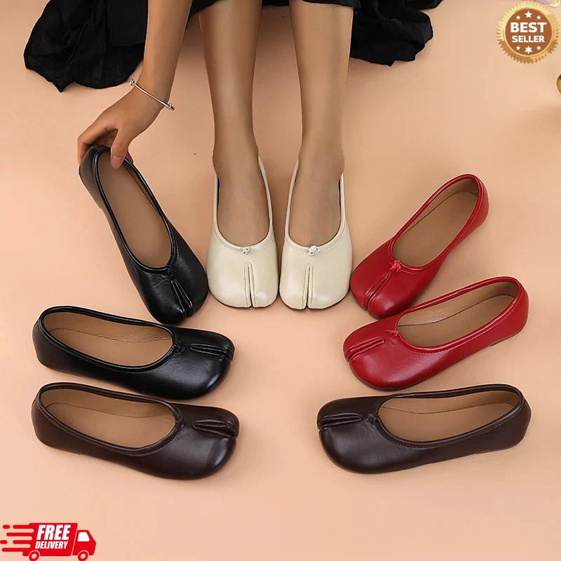 Women’s Leather Tabi Split Toe Ballet Flats Bowtie Court Shoes Fashion Slip On