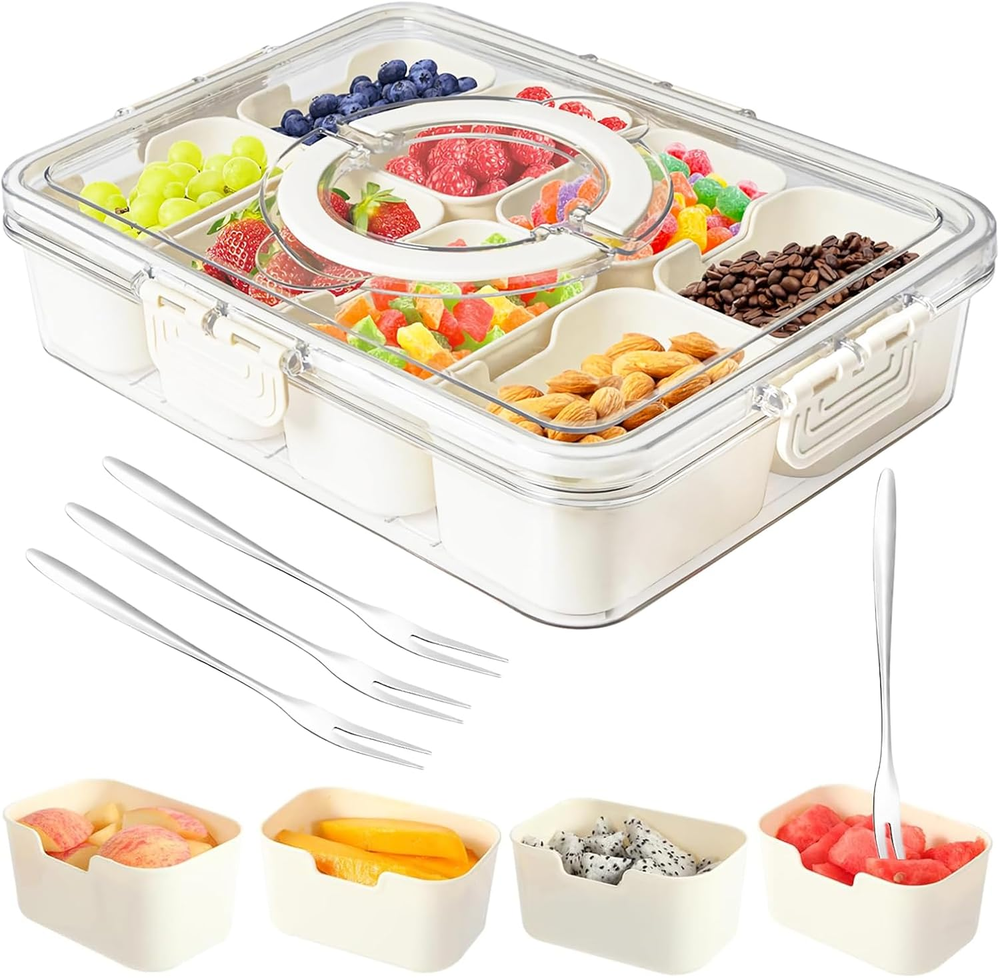 Snackle Box Container,Portable Snack Box 8 Compartment Divided Serving Tray with