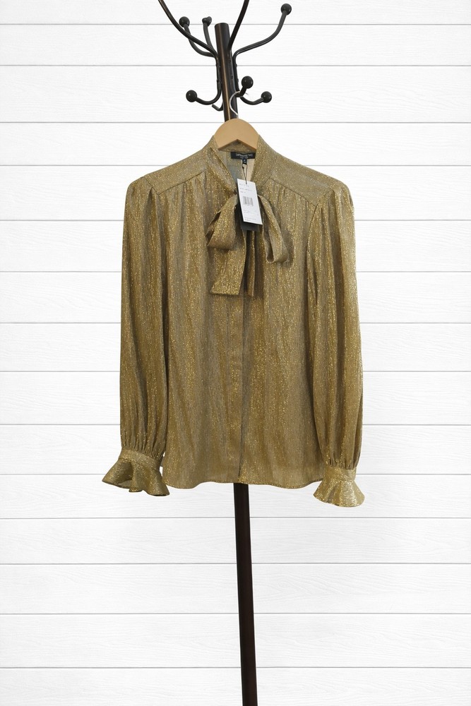 NWT $595 Lafayette 148 Bryon Tie Neck Blouse Honey Gold  Metallic Sz M