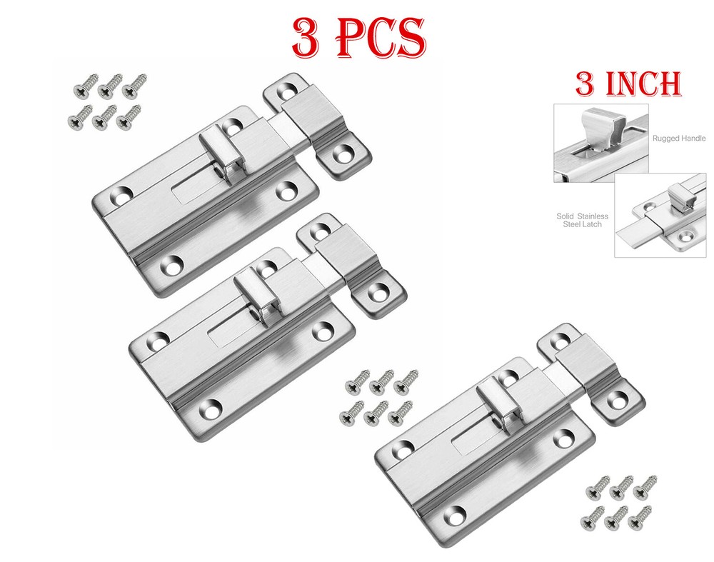 3PCS Stainless Steel Latch Sliding Silver Doors Lock Door Bolt For Doors 3IN